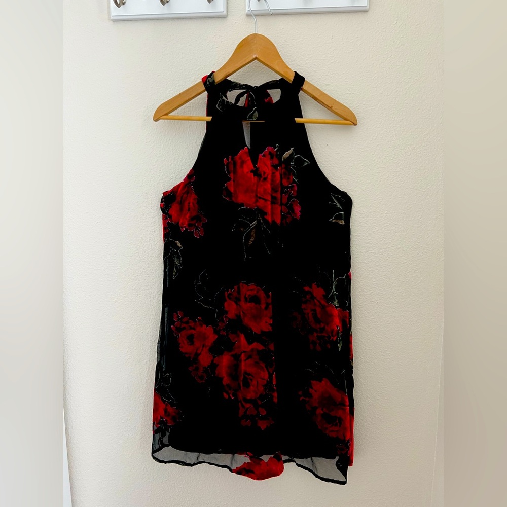Halter sheath with tie back and velvet/sheer overlay.